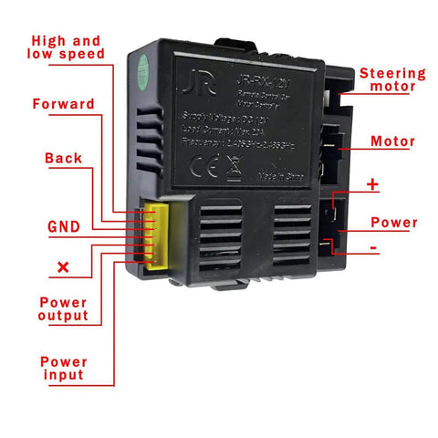 2.4G Bluetooth Control Box Receiver Kit For 12V Ride On Upgrades Smooth Start Function showing labeled ports and connections.