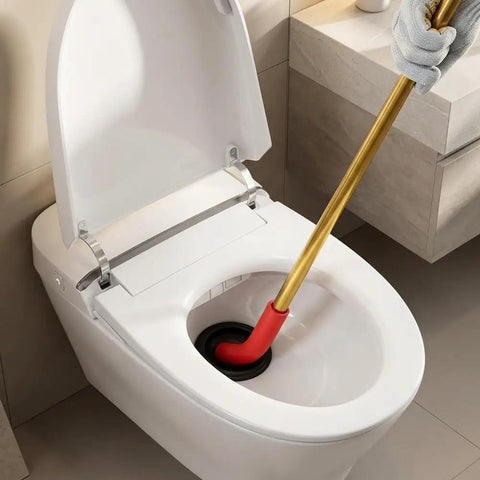 Heavy Duty Manual Toilet Auger Six Foot Steel Drain Snake With Long Handle To Burst Through Stubborn Clogs In Residential Drains And House Sewer Lines Without Any Hassle in action, clearing a toilet clog.