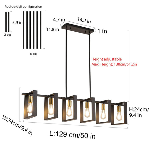 Six Light Modern Farmhouse Kitchen Island Pendant Light With Black Metal Frames And Wood Accents Big 50 Inch Chandelier