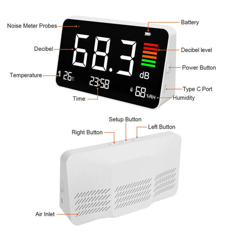 3 In 1 Decibel Meter With Temperature And Humidity, Rechargeable dB Meter With LCD Screen For Real Time Noise Levels, Humidity And Temp Readouts, Ideal For Home, Studio, Or Office Noise Control, front view with digital display