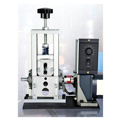 Heavy Duty Drill Powered Wire Stripper For Copper Cable Peeling And Scrap Recycling Auto Manual Mode 1 To 8Mm Range close up of metal machine with adjustable handle and control panel.