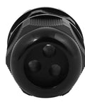 Front view of black Five Pack Nylon M25 x 1.5mm Three-Hole Cable Gland Connectors for tough outdoor enclosures.
