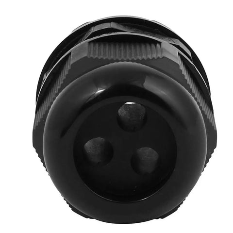 Front view of black Five Pack Nylon M25 x 1.5mm Three-Hole Cable Gland Connectors for tough outdoor enclosures.