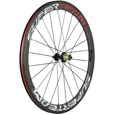 Side view of Toray T700 Carbon Fiber 50mm Clincher Wheelset for 700C Road Bikes With 23mm Wide Rim Deep Section 3K Red and White Decal
