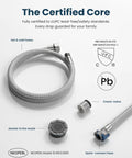 Hot and cold hoses, check-valve, aerator, and UPC certified label for Three Hole Pull Down Kitchen Faucet With Sprayer In Brushed Nickel.
