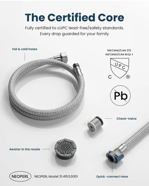 Hot and cold hoses, check-valve, aerator, and UPC certified label for Three Hole Pull Down Kitchen Faucet With Sprayer In Brushed Nickel.