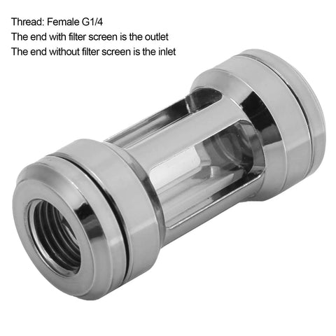Chiciris G1/4 Brass Inline Water Cooling Filter For PC Liquid Loop, Female G1/4 thread, stainless steel, clear acrylic body.