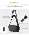 2 In 1 Sling Bag For Dope Everyday Carry And Photo Gear with adjustable strap, safety buckle, and dimensions shown.