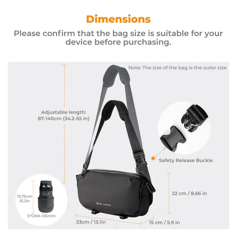 2 In 1 Sling Bag For Dope Everyday Carry And Photo Gear with adjustable strap, safety buckle, and dimensions shown.