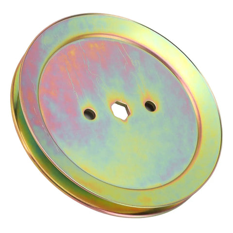 Heavy Duty Mower Spindle Drive Pulley For 100 Series Lawn Deck Perfect Fit For D105 And D110 Models With Steel Build For Smooth Power Delivery And Zero Belt Slippage close-up view of gold colored steel pulley with hex hole