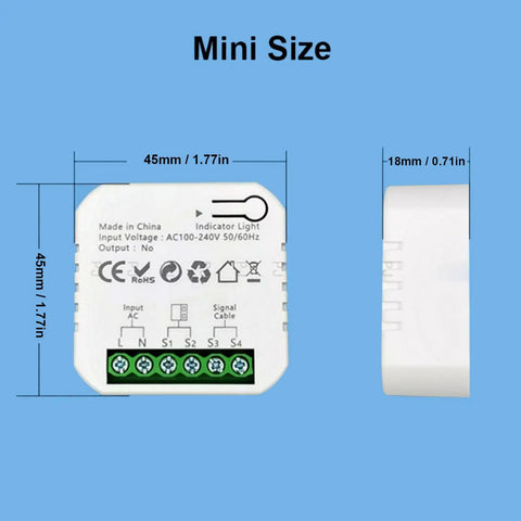 Mini size WiFi Door Controller With Voice Control Remote Kit Real Time Monitoring App compatible, dimensions 45x45x18mm.