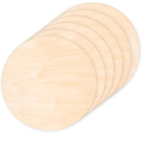Four 18-inch round unfinished plywood boards, natural wood, top-view for crafts.