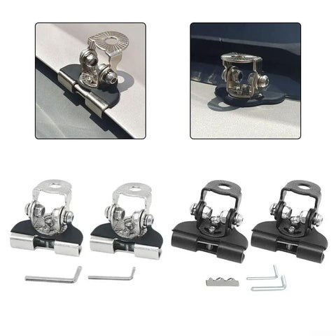 Hood Light Mounting Brackets 2-Pack Adjustable 304 Stainless Steel For Off-Road Truck SUV ATV LED Work Lights Or Light Bars No-Drill Clamp-On Fits Up To 0.35 Inch Thickness Black showcasing installation and parts.