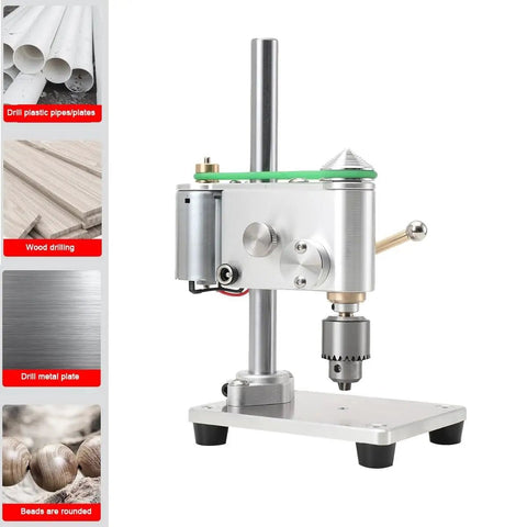 Compact Mini Drill Press Portable Bench Top Electric Tool For Metal Wood Jewelry Diy Crafts Precision Drilling Up To 4500Rpm detailed view of aluminum frame with motor and chuck.