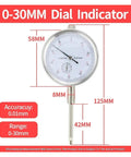 0-30MM dial indicator, 58mm face, 125mm long, 0.01mm accuracy, metal probe gauge
