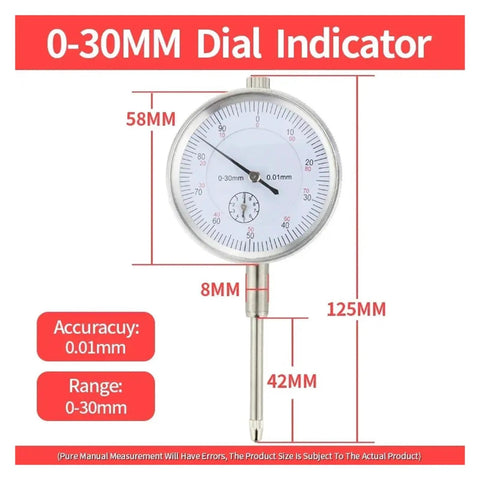 0-30MM dial indicator, 58mm face, 125mm long, 0.01mm accuracy, metal probe gauge