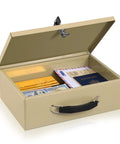 Open Fireproof Document Safe Box With Key Lock Sturdy Double Steel Chest For Valuables Keeps Your Docs Passport Cash Tablet Safe From Fire Insulated Fire Resistant Storage For Home Or Office Sand Finish showing contents