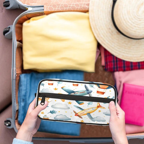 Person packing Airplane Cosmetic Bag For Women Travel Makeup Organizer Pouch Kit Waterproof Durable Polyester Toiletries Case with carry on size