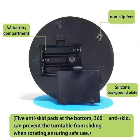 Black Motorized Rotating Display Stand, 360 Degree Automatic Silent Turntable For Epoxy Glitter Tumblers And Cups, showing battery compartment and non-slip feet.