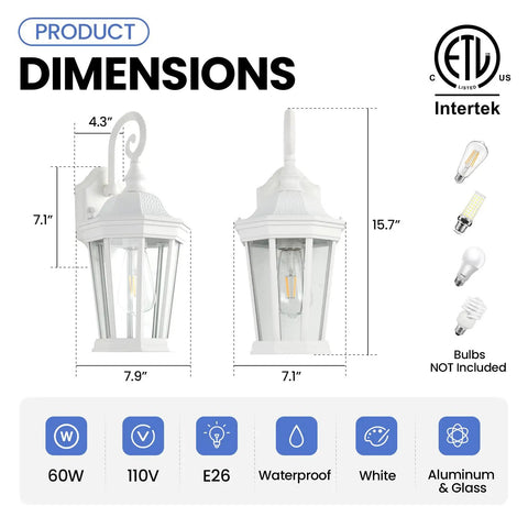 Large Outdoor Wall Lantern Light Fixture For Porch And Exterior Matte Black Finish With Clear Glass Panels Durable Aluminum Alloy Construction Weather Resistant 60W Outdoor Wall Mount Lantern with dimensions and bulb types.