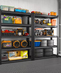 Kickass Heavy Duty 5 Tier Metal Storage Shelving Unit With Reinforced Adjustable Steel Racks For Garage Pantry Warehouse Industrial Tool Organization Setup filled with tools and storage bins.
