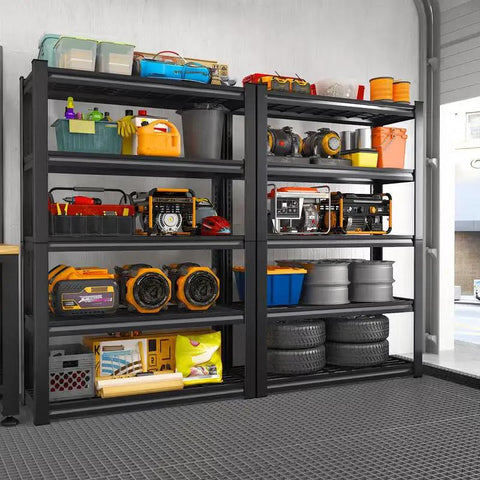 Kickass Heavy Duty 5 Tier Metal Storage Shelving Unit With Reinforced Adjustable Steel Racks For Garage Pantry Warehouse Industrial Tool Organization Setup filled with tools and storage bins.