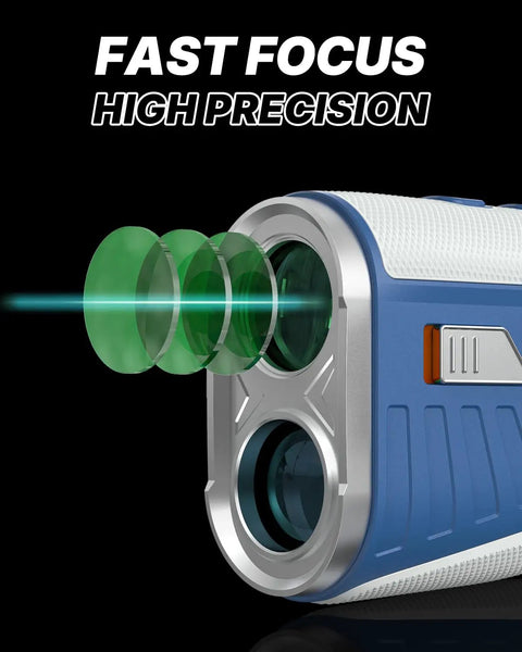 Close-up of Dope Precision Golf Range Finder With Slope Switch And Flag Lock Vibration, highlighting fast focus lenses, in blue.