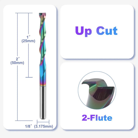 Ten Piece One Eighth Inch Shank Up Cut Router Bits Two Flute Spiral Carbide End Mills With DLC Coating for woodworking