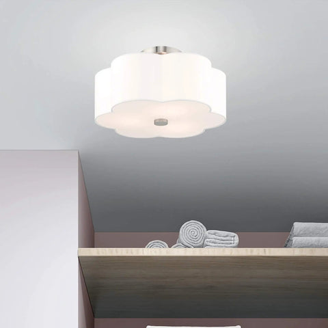 Three Light Brushed Nickel Ceiling Mount Fixture With Clover Shaped Off White Shade Modern Yet Classic Look For Kitchen Island Hallways Or Dining Room Bulbs Not Included