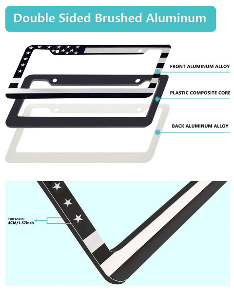 Diagram showing the layers of a Patriotic Black Front And Rear License Plate Frame With USA Flag, Heavy Duty 4mm Brushed Aluminum Plastic Composite