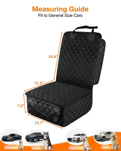 Waterproof Front Seat Car Cover 2 Pack With Side Flaps Nonslip Scratchproof Captain Chair Seat Protector For Cars Trucks SUVs Jeep Dog Hair Protection Easy Clean with size dimensions overlay.