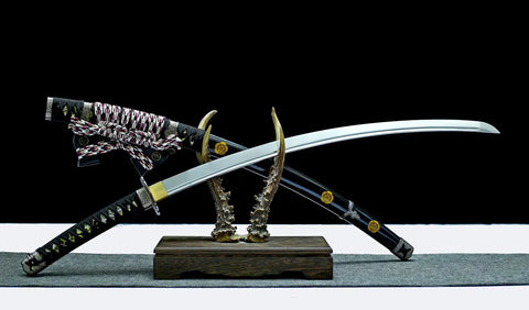 41 Inch Black Authentic Tachi Style Curved Handmade Japanese Samurai Katana Sword With T10 Carbon Steel Full Tang with ornate display stand