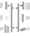 Heavy Duty 18 Inch Stainless Steel Door Pull Handle Built Tough With Solid Mounting Standoffs For Commercial Use Gate And Shower Doors 304 Stainless Brushed Nickel Finish Rust Resistant Easy Install with assembly components visible.