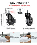 Diagram showing dimensions and installation steps for 2 Inch Office Chair Caster Wheels Set of 5, Heavy Duty Casters with Steel Body and Polyurethane Wheels, Silent and Smooth Rolling on Hardwood Floors and Carpets, Scratch Free Glide, Supports Up To 500 Pounds.