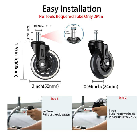 Diagram showing dimensions and installation steps for 2 Inch Office Chair Caster Wheels Set of 5, Heavy Duty Casters with Steel Body and Polyurethane Wheels, Silent and Smooth Rolling on Hardwood Floors and Carpets, Scratch Free Glide, Supports Up To 500 Pounds.