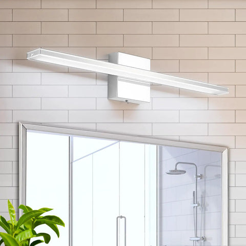 Chrome Bathroom Light Fixtures 24 Inch LED Vanity Bar Over Mirror Lighting IP44 Waterproof 14W 850LM Modern Rectangle Vanity Lamp For Bathroom Acrylic Restroom Sink Light mounted above a mirror in a tiled bathroom.