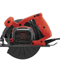 Heavy Hitter 13 Amp 7 1/4 Inch Corded Circular Saw In Bright Red featuring ergonomic handle and blade for clean cuts.