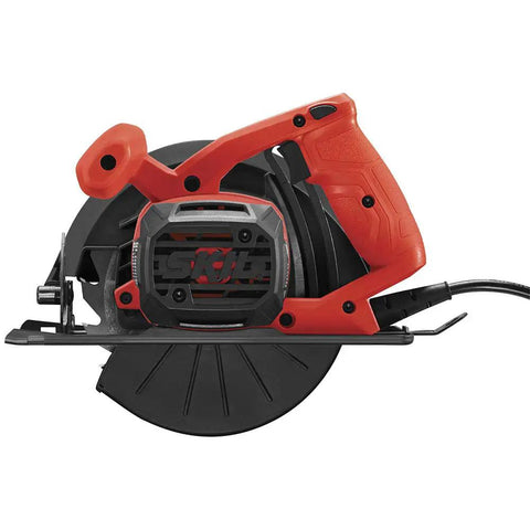 Heavy Hitter 13 Amp 7 1/4 Inch Corded Circular Saw In Bright Red featuring ergonomic handle and blade for clean cuts.