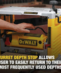 Heavy Duty 12.5 Inch Benchtop Wood Thickness Planer with turret depth stop for precise adjustments in woodworking projects.