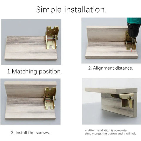Hella Sturdy Folding Self Locking Hinge With Install Kit 4 Pack 90 Degree Table Leg Support Brackets showing installation steps on wooden surface.