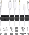 Three Pack Cable Holder Clips For Cord Management Self Adhesive Silicone Clips holding various cables, including USB, on a desk.