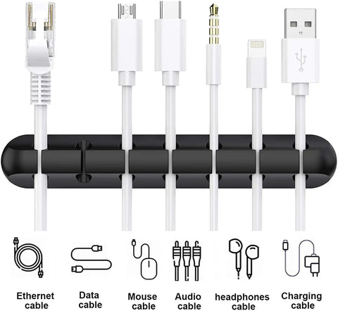 Three Pack Cable Holder Clips For Cord Management Self Adhesive Silicone Clips holding various cables, including USB, on a desk.