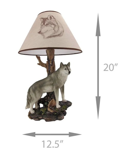 Gray Wolf Table Lamp With Rock Base And Tree Detail, 20 Inch Tall Resin Accent Lighting For Living Room Or Den, Cozy Cabin Vibe, Shade Diameter 12.5 Inches, 120V Bulb Not Included