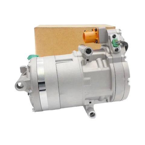 Top Shelf Electric AC Compressor Swap Out For Hyundai Kona And Kia Niro EV with 110mm pulley, 12V motor, and silver finish.