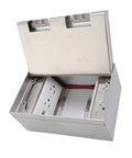 Slick Access Recessed Floor Electrical Outlet Kit Featuring Dead Simple Spring Loaded Lid And Flat Concealed Duplex Receptacle For Top Shelf Tile And Marble Floors, stainless steel multiport outlet.