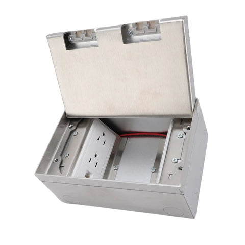 Slick Access Recessed Floor Electrical Outlet Kit Featuring Dead Simple Spring Loaded Lid And Flat Concealed Duplex Receptacle For Top Shelf Tile And Marble Floors, stainless steel multiport outlet.