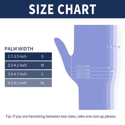 Size chart for Ice Blue Nitrile Exam Gloves 3.2mil Thick 1000 Count Powder Free Latex Free Medical Grade Gloves for Home Cleaning