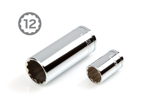Chrome 12-point shallow and deep sockets from the Three Eighths Inch Drive Shallow And Deep Twelve Point Socket And Ratchet Set Pro Grade