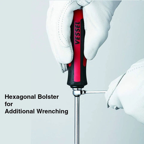 Close-up of Tang-Thru Screwdriver Set 8-Piece With EVA Foam Case, hexagonal bolster, durable handle in use for extra leverage.