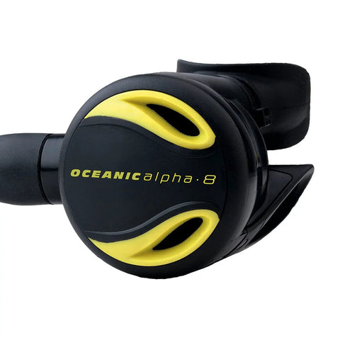 Alpha 8 Octo Regulator for Scuba Diving, dive ready second stage with smooth breathing and easy mouthpiece fit, black and yellow colorway.